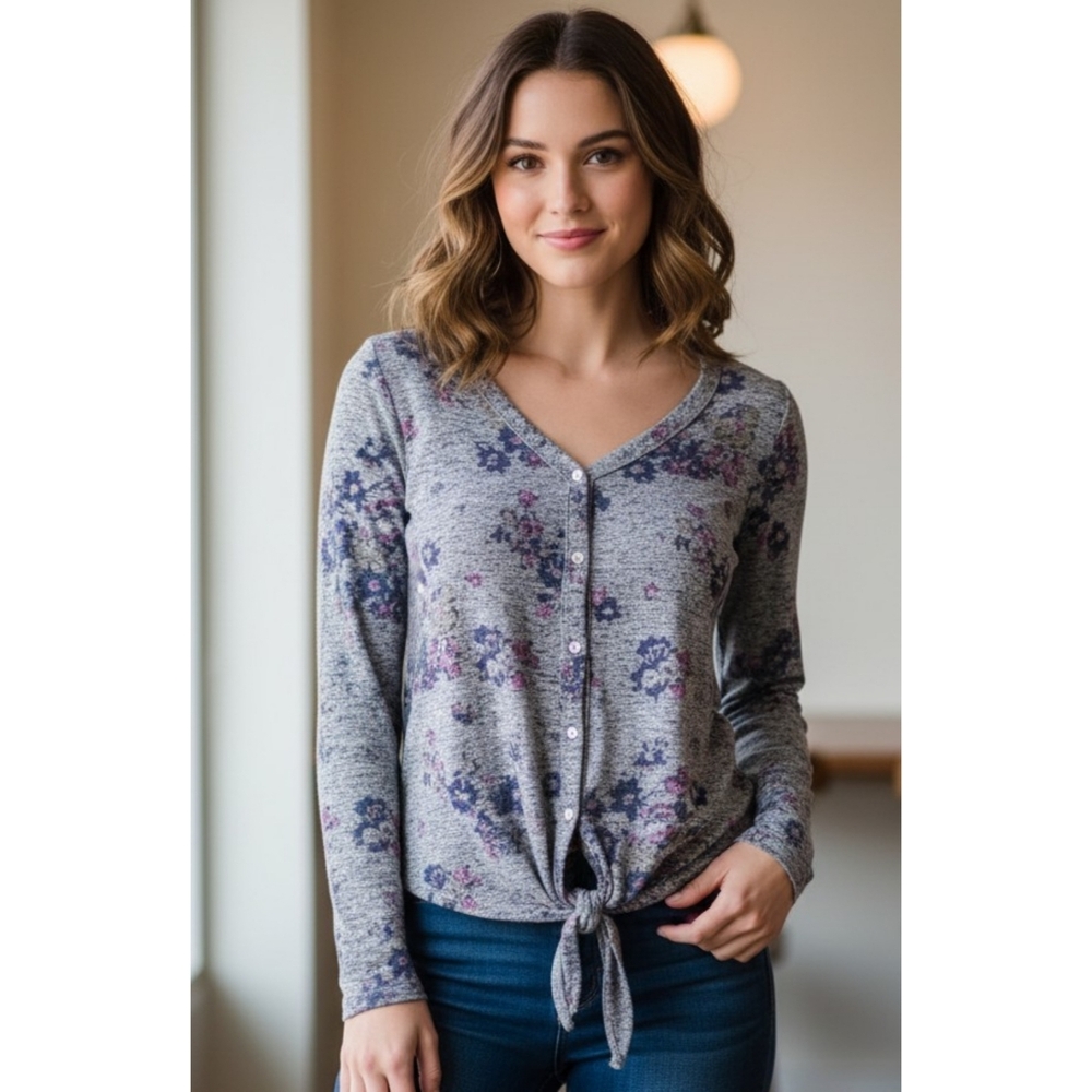 Lucky Brand Tie front Floral Cardigan top Gray Size XS